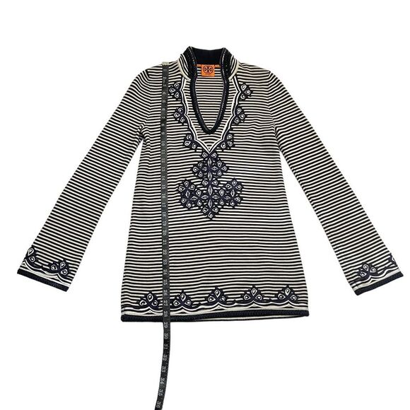 Tory Burch Knit Dress or Tunic V-Neck Long-Sleeve Black & White Striped Embroide - Picture 10 of 12